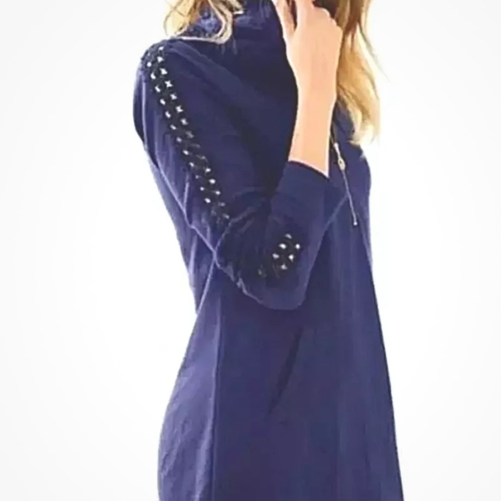 Lilly Pulitzer Solid Skipper Navy Blue Crochet Sleeve popover dress XS - Picture 2 of 10